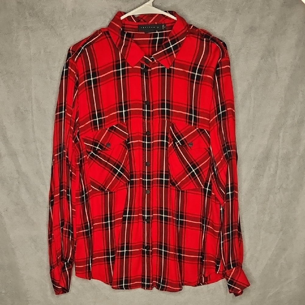Sanctuary Red Plaid Button-Up Shirt with Black Accents